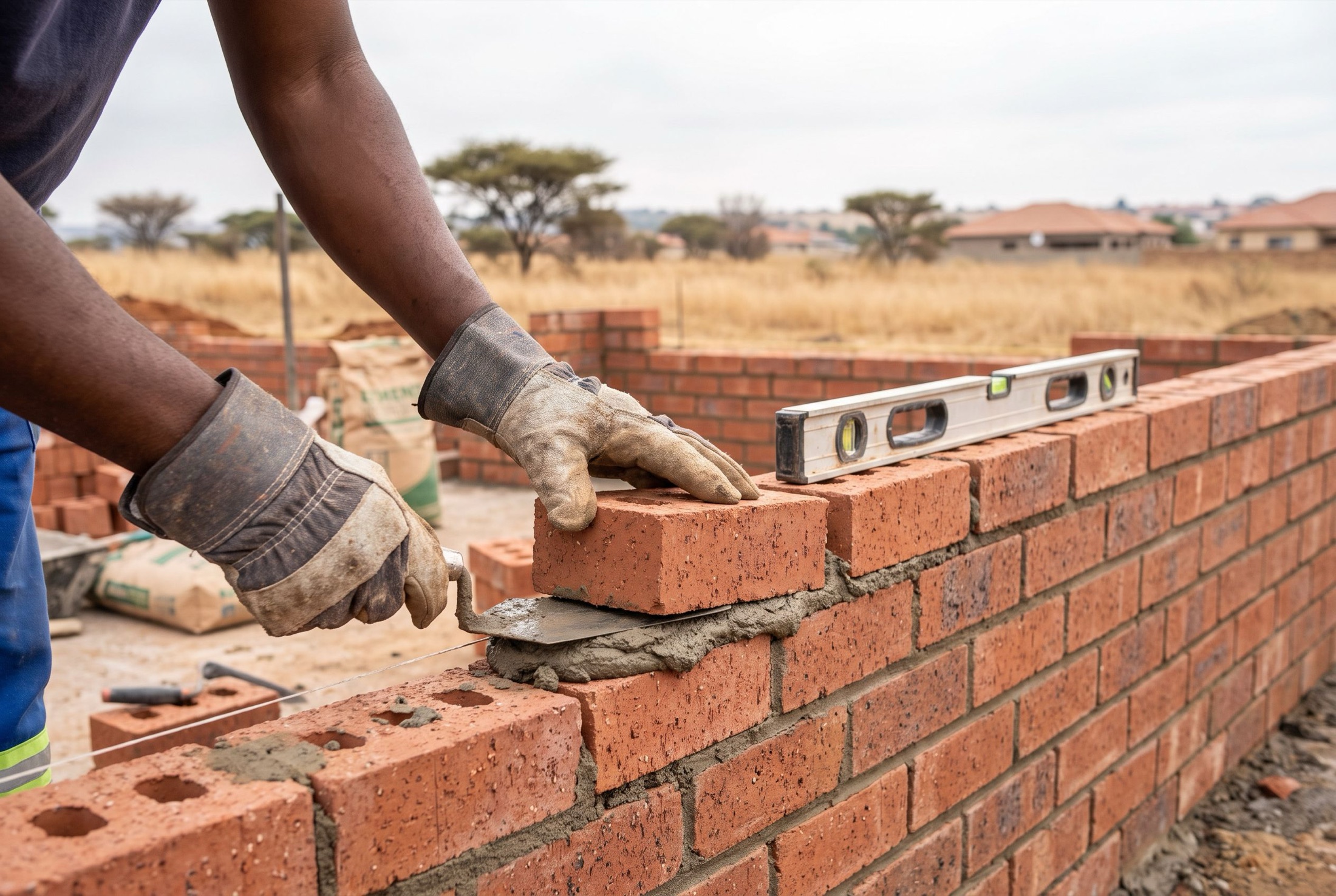 Bricklayer laying red clay bricks on a building site